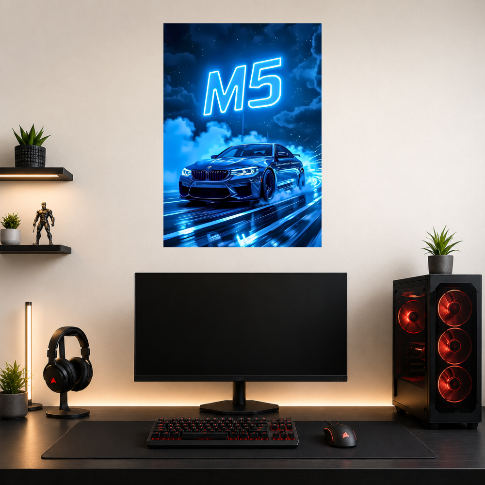 BMW M5 Neon Blue Sports Sedan Premium Wall Art Poster