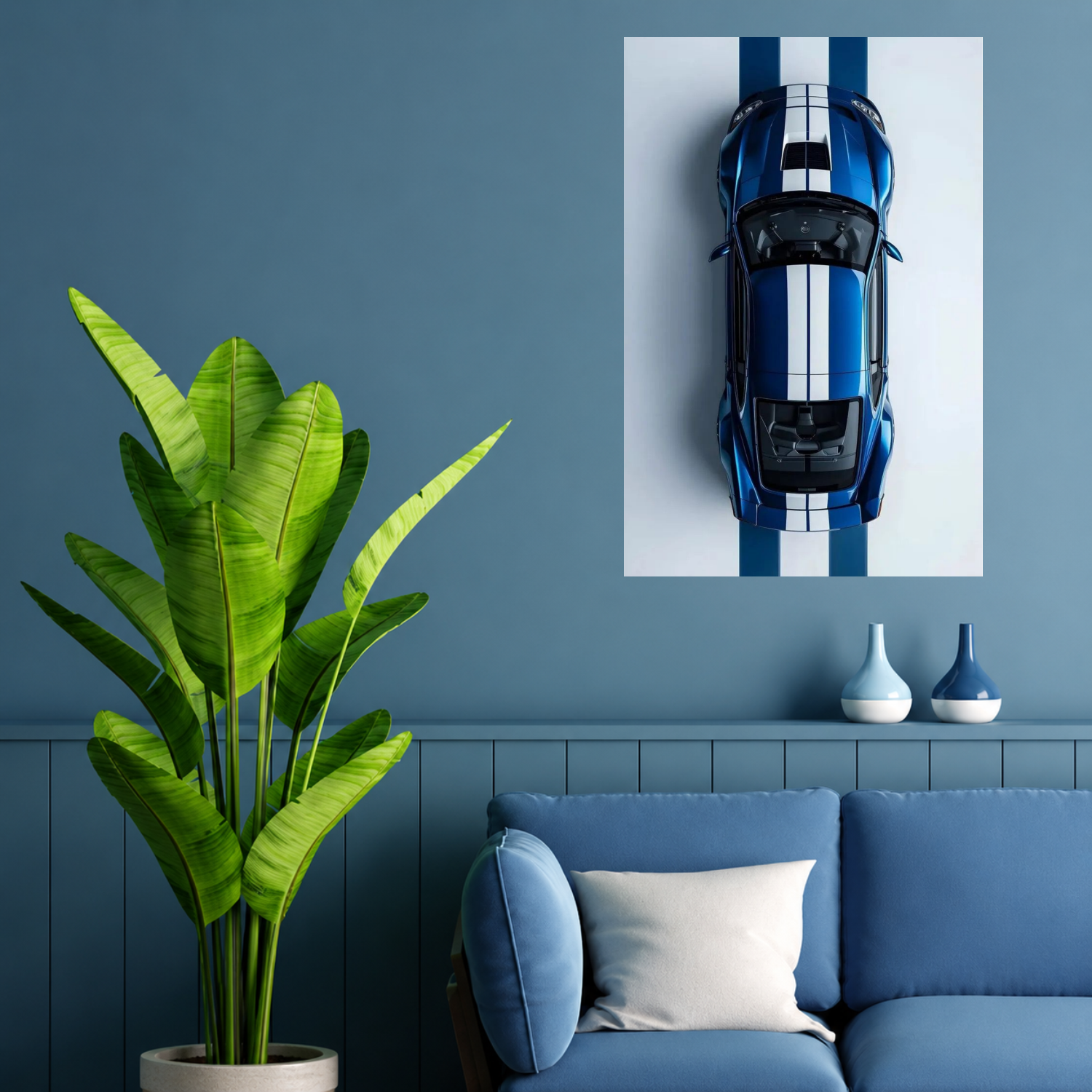 Blue Sports Car Top View Minimalist Automotive Wall Art Poster